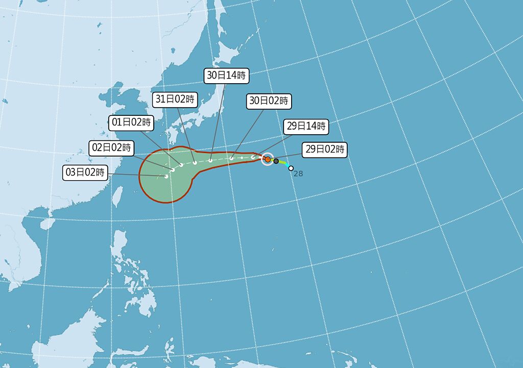 路徑模擬顯示，颱風有朝台灣接近的機率。（中央氣象局提供）