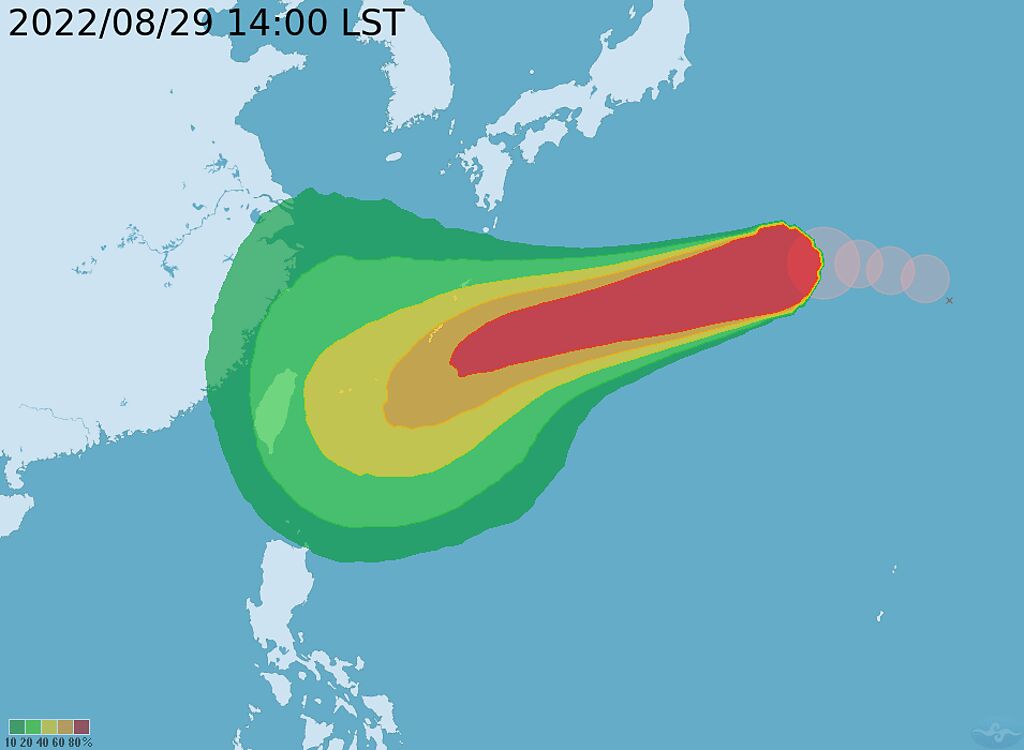 氣象局發布中颱軒嵐諾的暴風圈侵襲機率圖。（氣象局）