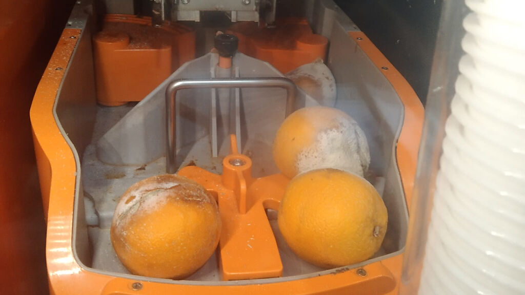 高雄一名男網昨晚到大賣場購物，發現賣場內鮮榨果汁機裡的柳橙已明顯發霉，長出綠白色黴菌。（圖／翻攝自爆廢公社公開版）