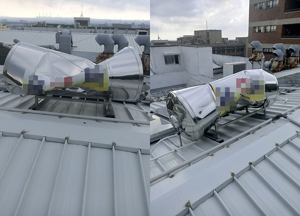 男子拍下屋頂「扭取變形」的太陽能熱水器上網求問，網笑歪「被浩克捏爛的」。（翻攝自臉書水電工聯盟）