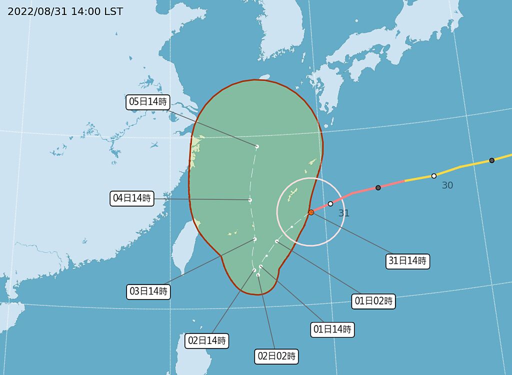 氣象主播戴立綱表示，軒嵐諾受到北邊太平洋高壓，及台灣上空的南亞高壓夾擊，預估會卡在「鞍型場」24小時。 （圖／擷取自氣象局官網）
