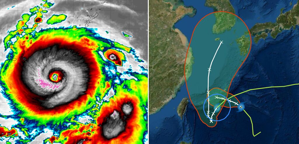 強颱北轉前將滯留，若更靠近台灣，不排除發陸上颱風警報。（翻攝氣象應用推廣基金會）