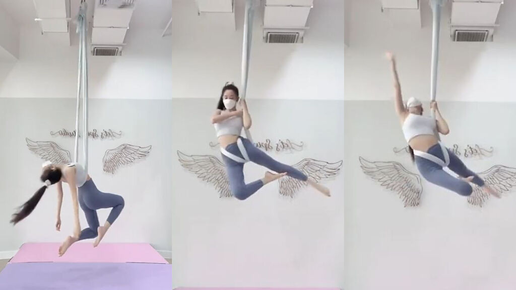 謝熙婷做出一連串的高難度空中瑜珈片。(圖/謝熙婷 IG)