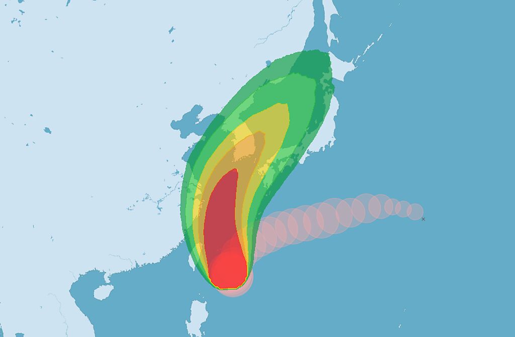 氣象局預估2日午夜前後，將針對北台灣發布陸上颱風警報。（中央氣象局提供）