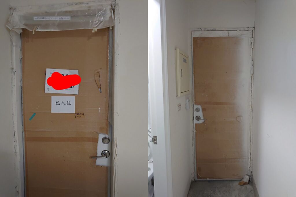從網友分享的畫面可見，宿舍大門的塑膠布和紙板都還沒拆除，但上面卻貼了「已入住」3個大字。（圖／翻攝自PTT）