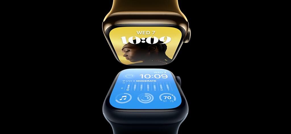 全新的Apple Watch Series 8，擁有大尺寸「隨顯」Retina 顯示器以及堅固的抗裂表層玻璃。（翻攝直播畫面）