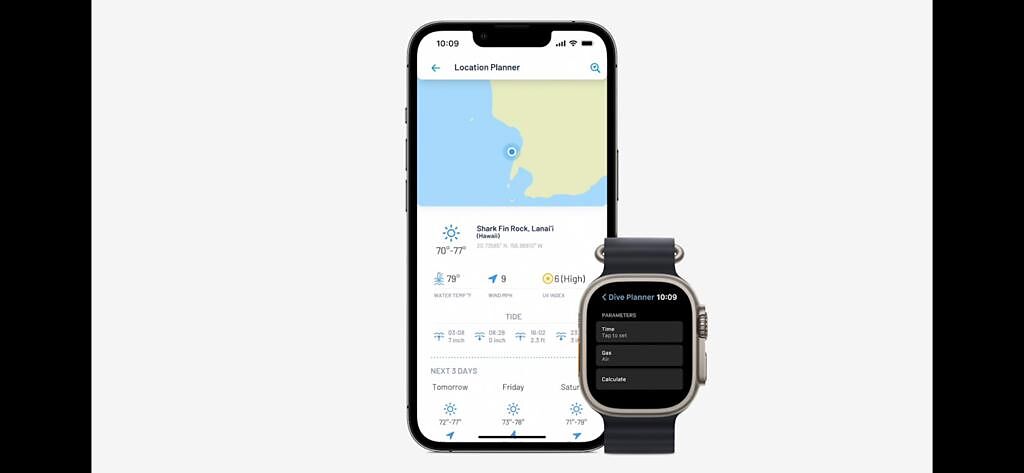 全新的Apple Watch Ultra搭玩iPhone使用時，即能看到潛點的天氣、水溫、風浪等資訊，以方便進行事前的潛水計劃。（翻攝直播畫面）