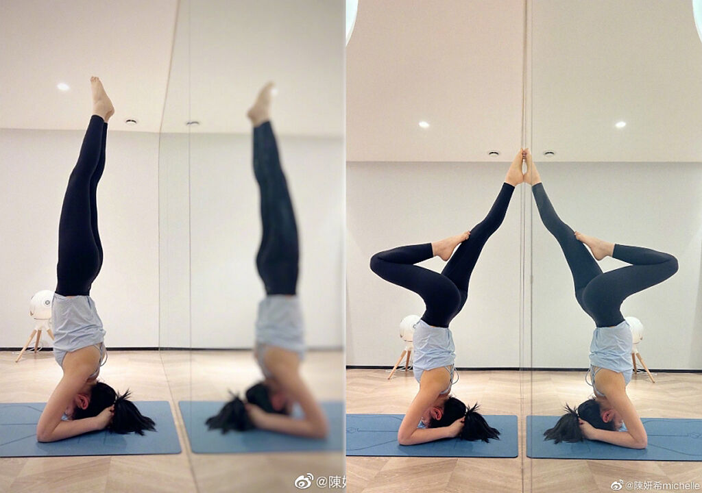 陳妍希被傳懷孕後，她PO出做瑜珈高難度動作間接闢謠。(圖/ 摘自陳妍希微博)