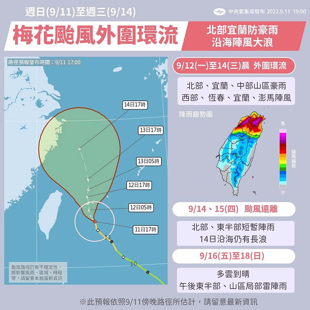 氣象局指出梅花的外圍環流將影響台灣天氣連4天，到了周五才有機會放晴。（翻攝自報天氣 - 中央氣象局臉書）
