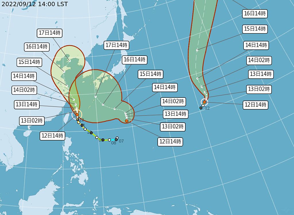 中颱梅花逐漸遠離台灣，預計最快明天下午解除海警。（翻攝自氣象局）