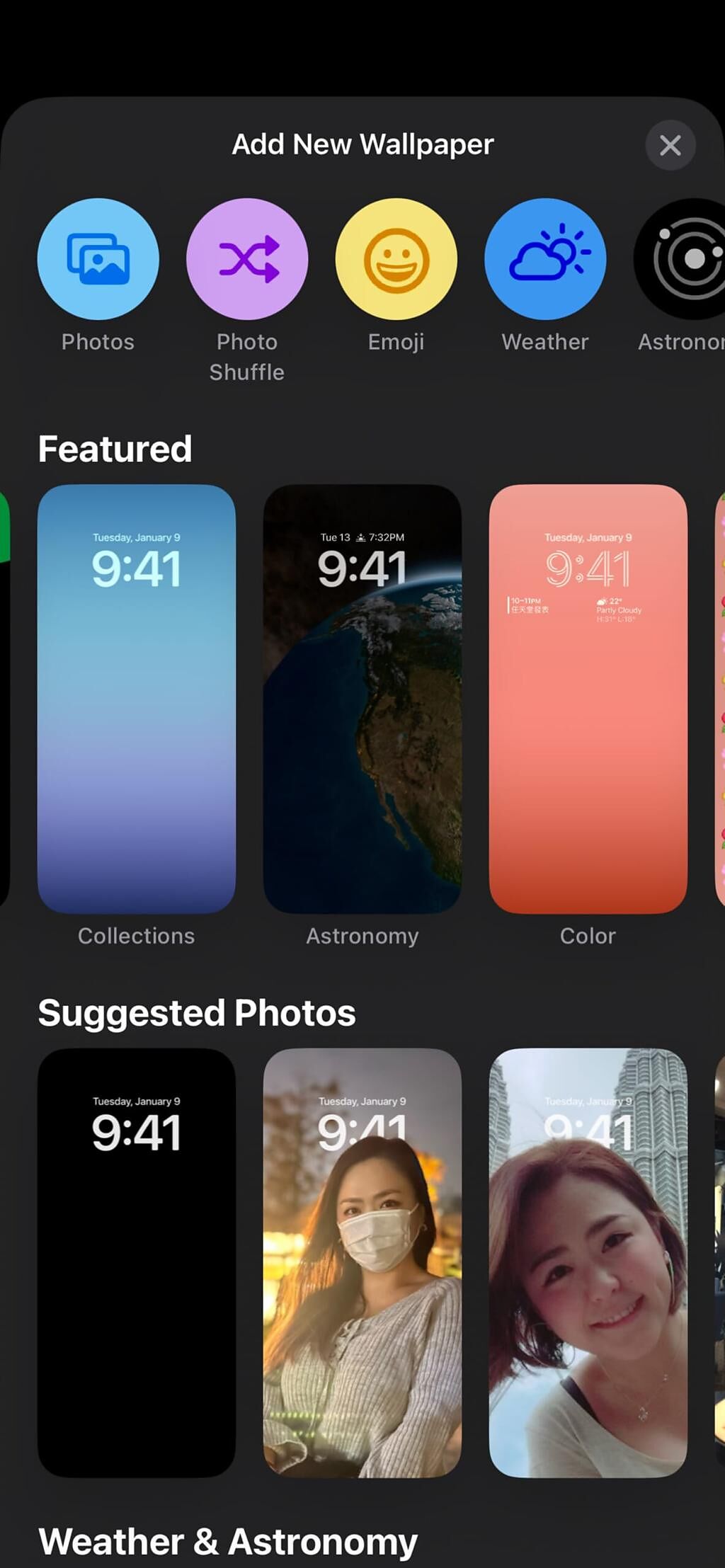 蘋果全新iOS 16的「鎖定畫面」內建了多款如彩虹Pride系列、會隨天氣狀況改變的「天氣」背景圖片、自訂Emoji等「鎖定畫面」。（翻攝手機畫面）