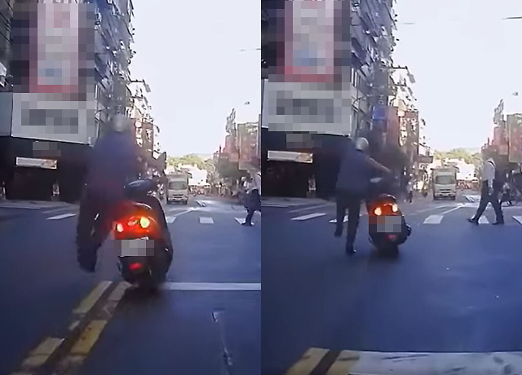 騎士疑似「趕著上班」，竟在紅燈路口下車用跑的左轉，其一氣呵成的動作也引起網友熱議。（翻攝自爆料公社公開版）