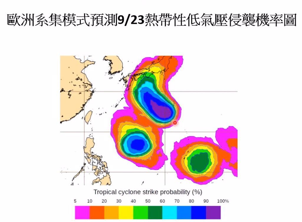 歐洲模式模擬菲律賓東方海面有低壓發展，有增強成颱風的機會，其中一個會侵襲日本，另一個則是周四、周五再觀察路徑。(翻攝自賈新興YouTube)