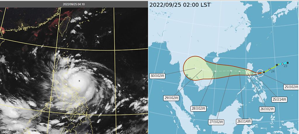 吳德榮表示，25日晨4：10真實色衛星雲圖顯示，中颱諾盧呂宋島東方海面，範圍雖小，已有清晰颱風眼（左圖）。中央氣象局「路徑潛勢預測圖」顯示，中颱諾盧偏西移動，26日通過呂宋島、略減弱，進入南海後，仍有繼續增強趨勢（右圖）。（翻攝自中央氣象局）