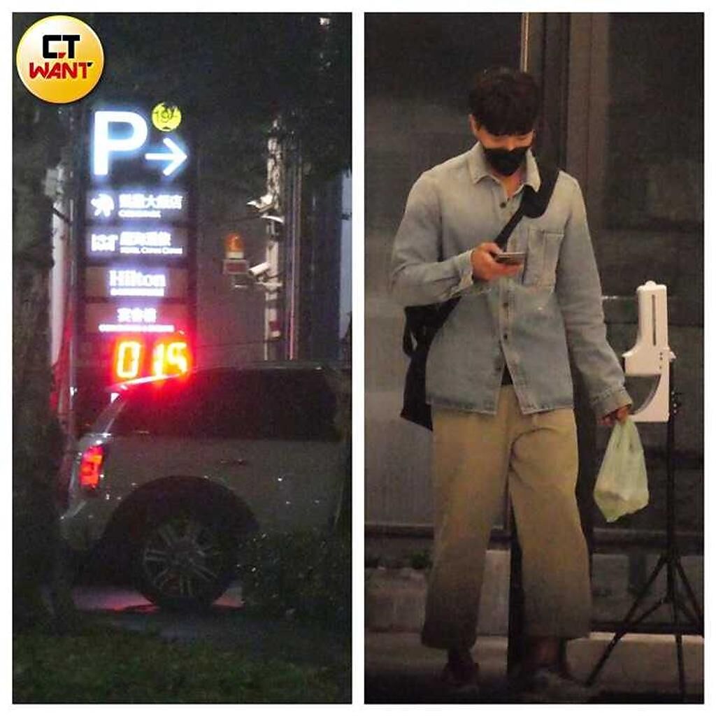 本月23日晚上10點半，龍語申開車至新北市板橋區某知名飯店，停好車後進入大廳，並拿了「羅小姐」的外送。（圖／本刊攝影組）