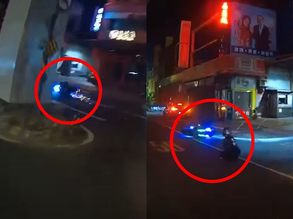 身穿「煉獄」T恤的騎士被目擊在路口左轉時，因壓車角度過低當場摔車，影片中可見該機車兩側還裝上炫目的藍色燈條，壓車時地面馬上冒出摩擦火光。（翻攝自YouTube）