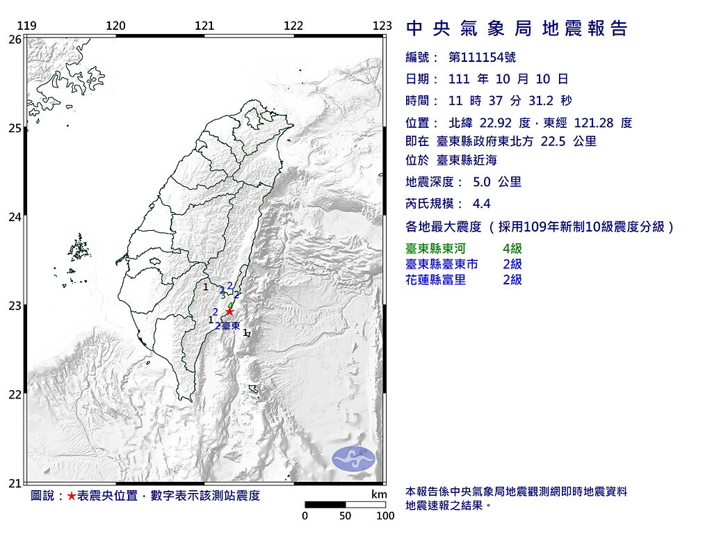國慶日震不停！台東近海規模4.4極淺層地震 震度4級。(氣象局提供)