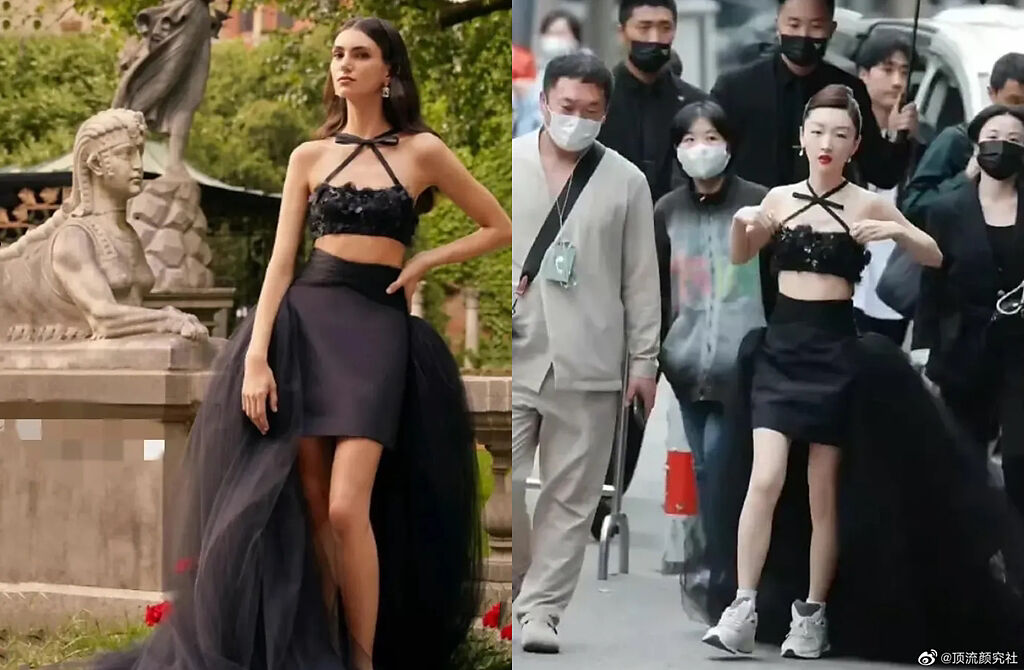 有網友找到同一件禮服，模特兒穿和周冬雨穿的照片。（圖／微博）