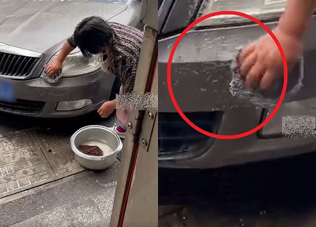 有名母親因為見兒子灰色車髒了，便拿著鋼刷洗車，該車輛的車漆也被刮花了。（翻攝自微博）