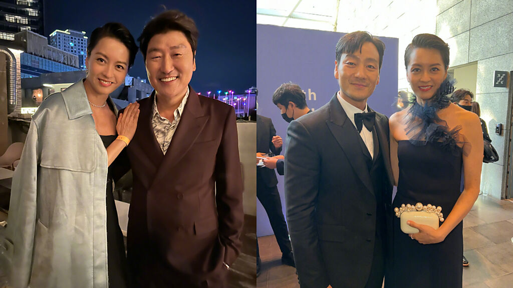 儘管入圍女主角的梁詠琪未獲獎，仍和南韓大咖演員宋康昊(左)和朴海秀(右)拍照。(圖/梁詠琪 微博)