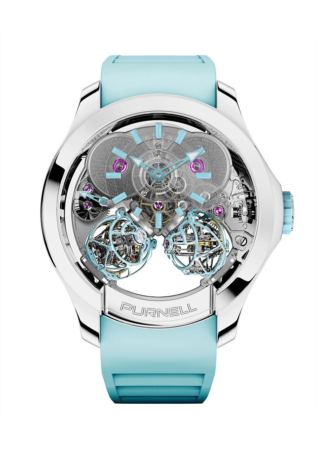 獨立製表PURNELL的ESCAPE II – TITANIUM ICY BLUE 三軸球體陀飛輪腕表，1600萬元。（Swiss Prestige提供）