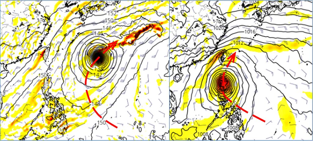 23日20時歐、美模式30日20時模擬圖顯示，菲律賓東方海面有熱帶擾動發展；美國模式(GFS)模擬在比較遠的位置北轉(左圖)，歐洲模式(ECMWF)模擬則在呂宋島附近北轉(右圖)。(翻攝自「三立準氣象· 老大洩天機」)

