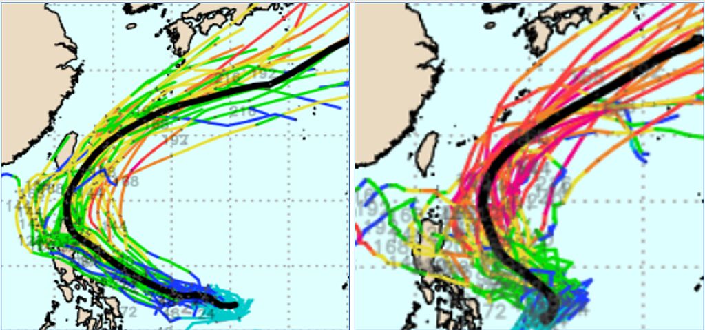 25日20時歐洲(ECMWF左圖)、美國(GEFS右圖)系集模式顯示，模擬路徑大多在台灣東側海面大迴轉。歐洲模式較美國模式靠近台灣。(圖擷自weathernerds)

