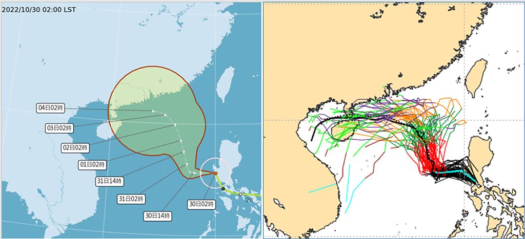 30日2時中央氣象局「路徑潛勢預測圖」(左圖)與29日20時歐洲(ECMWF右圖)系集模式顯示，「輕颱奈格」通過呂宋島後將逐漸轉北，轉向位置再往西修，之後的行徑仍有「不確定性」(左圖紅框範圍及右圖分散的系集路徑)。(圖翻攝自中央氣象局及ECMWF/擷自「三立準氣象· 老大洩天機」)


