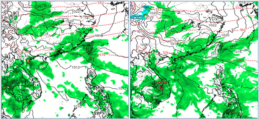 18日20時歐洲模式(ECMWF左圖)及美國模式(GFS右圖)皆顯示，鋒面南下併南方水氣，影響範圍大。（圖／翻攝自三立準氣象· 老大洩天機）