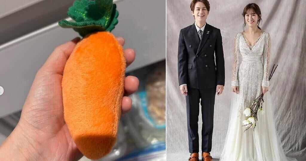 鄧福如驚見冰箱內有一條胡蘿蔔玩偶。 （圖／翻攝自鄧福如 IG、@How Fun 如何爽臉書）