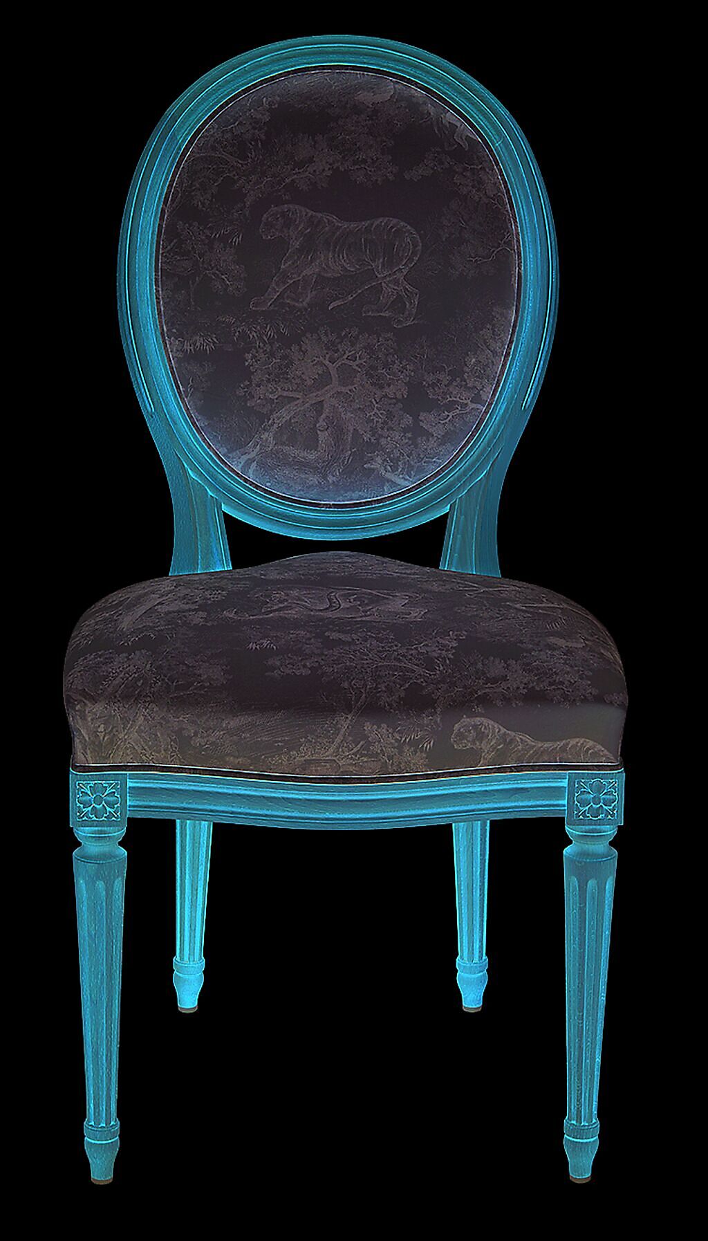Dior過去少見的家具系列，現在也能在101親身接觸。Dior Toile de Jouy 灰色法式印花圓背椅，售價12萬元。（Dior提供）