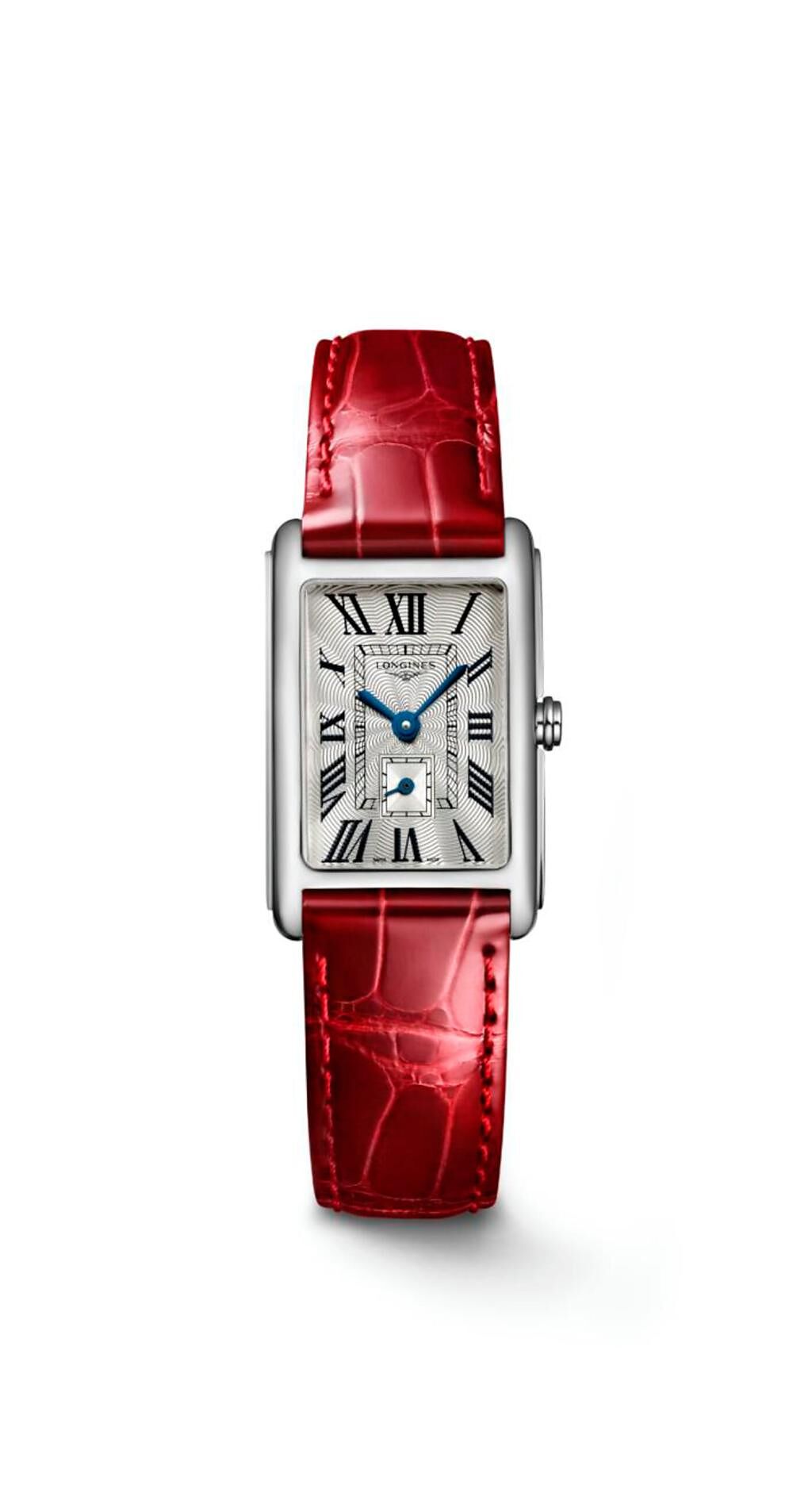 浪琴表多情DolceVita系列腕表，紅色皮表帶款4萬3600元。（Longines提供）