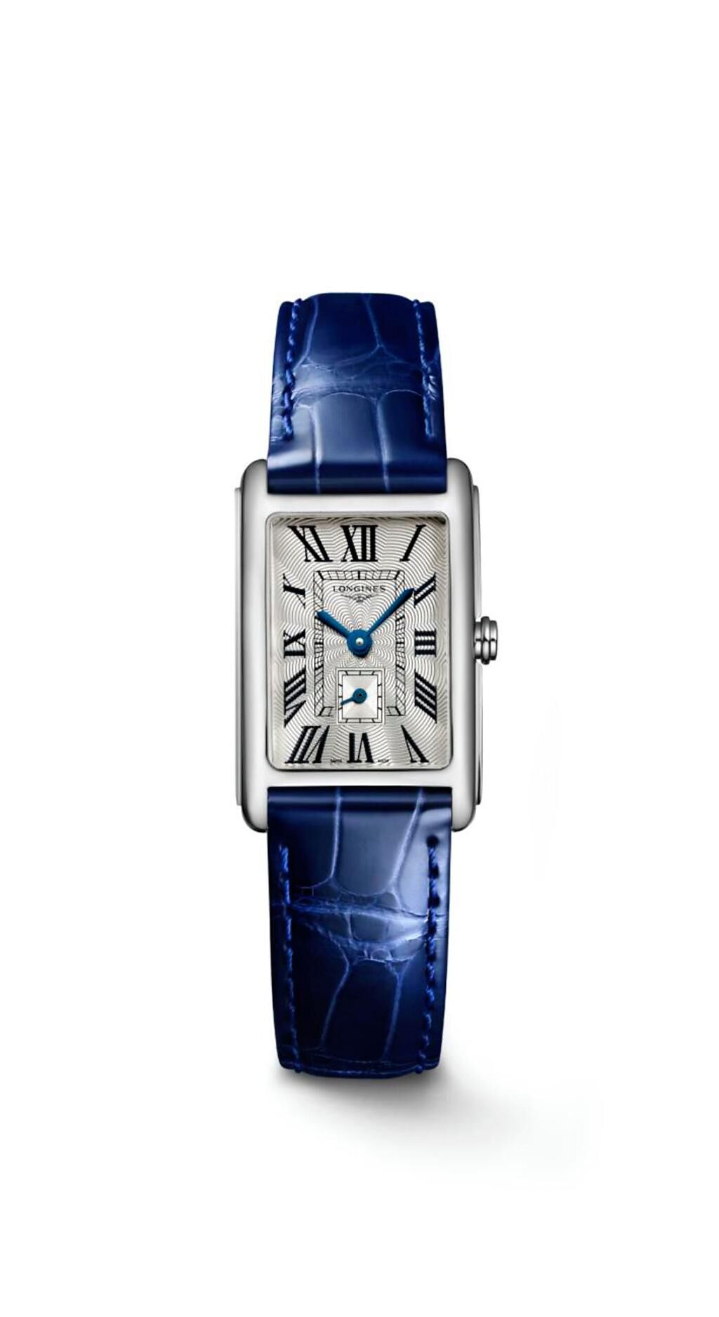 浪琴表多情DolceVita系列腕表，藍色皮表帶款4萬3600元。（Longines提供）