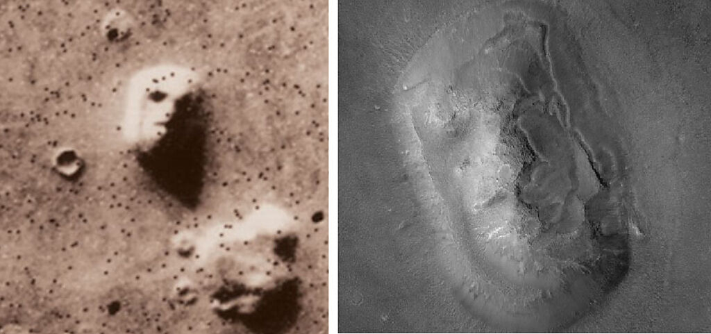 著名的「火星人臉」，左為1976年維京1號(Viking 1 )所攝，山脈的光影呈現如何人臉。右為火星全球測量者( Mars Orbiter)在2001年在同一地方的重新拍攝。(圖/NASA)