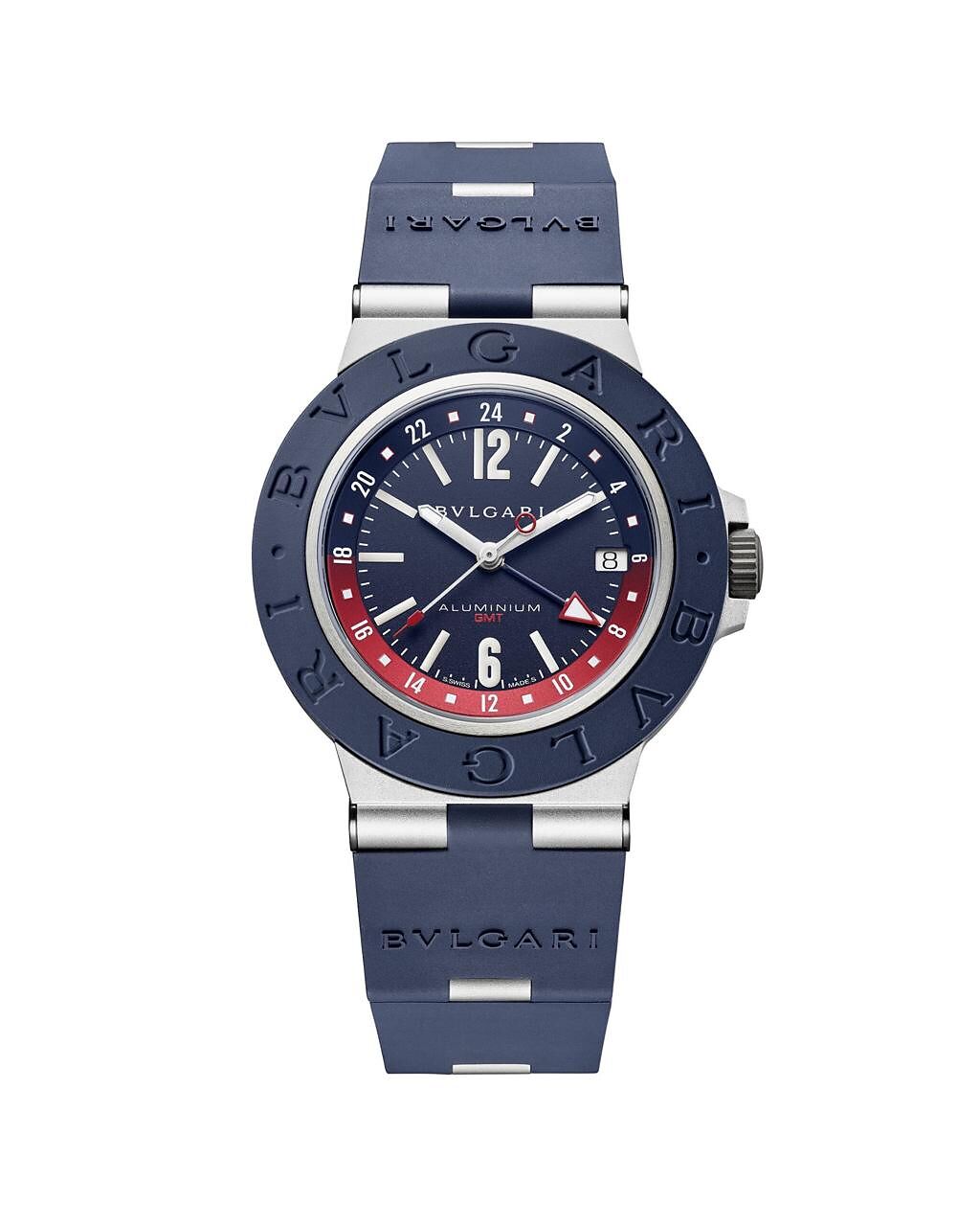 寶格麗Aluminium GMT 腕表，11萬1400元。（BVLGARI提供）