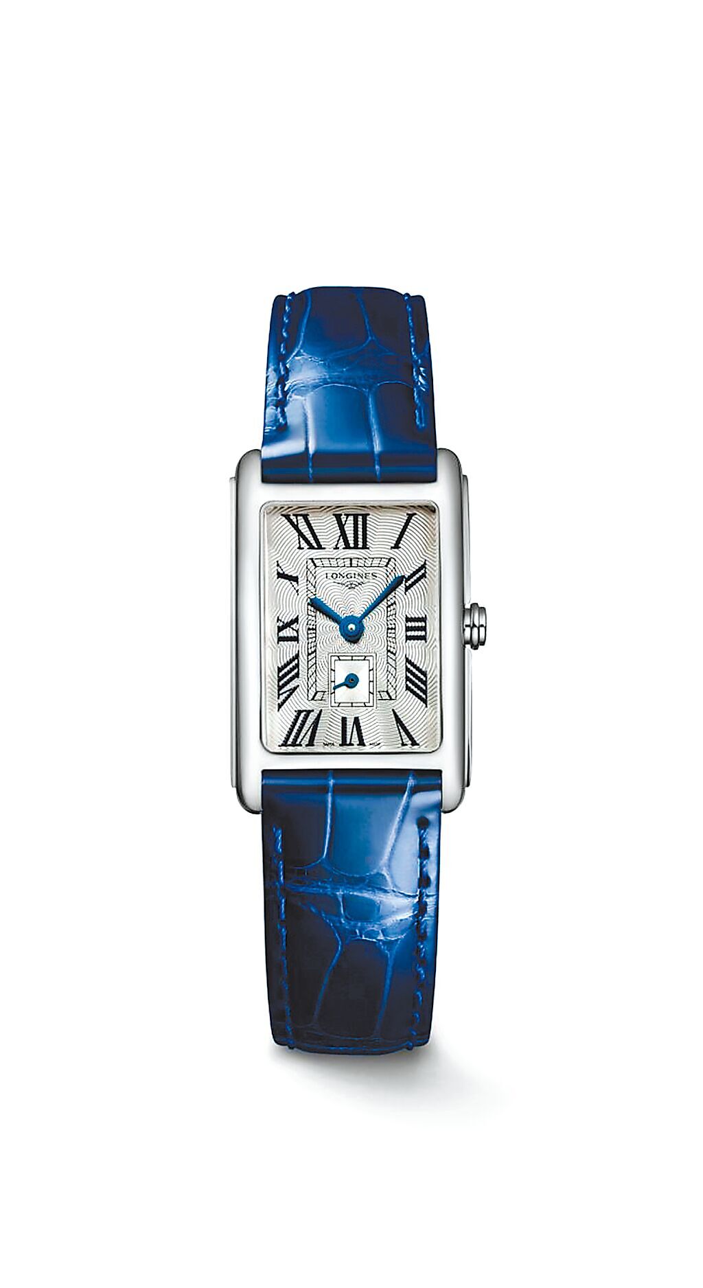 浪琴表多情DolceVita系列腕表，藍色皮表帶款，4萬3600元。（Longines提供）
