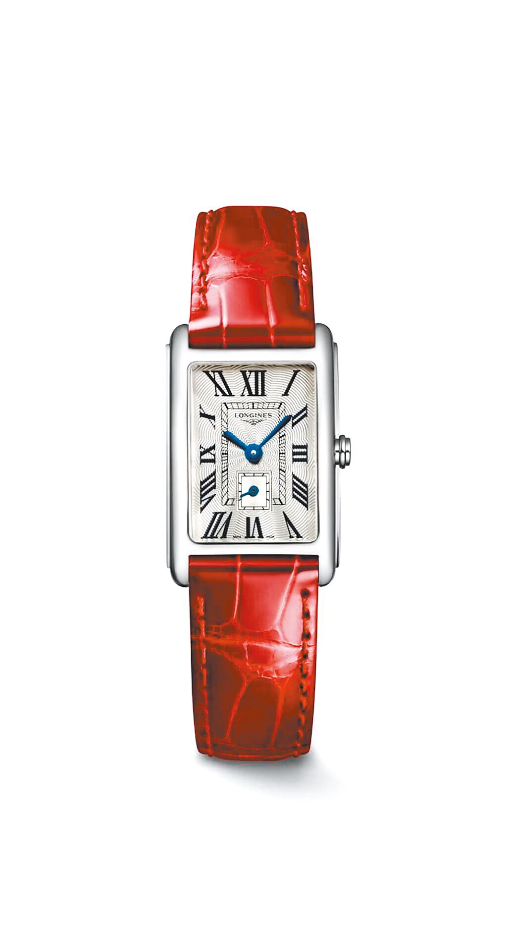 浪琴表多情DolceVita系列腕表，紅色皮表帶款，4萬3600元。（Longines提供）