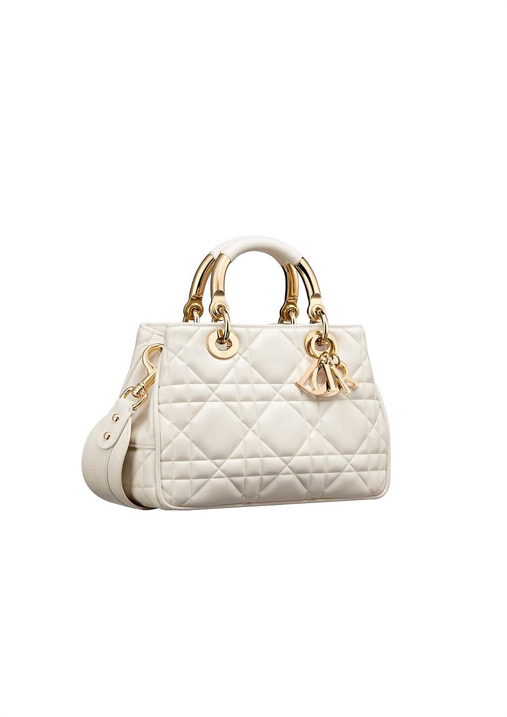 Dior Lady 95.22拿鐵白籐格紋小羊皮小型提包(金把手)，價格21萬元。（Dior提供）