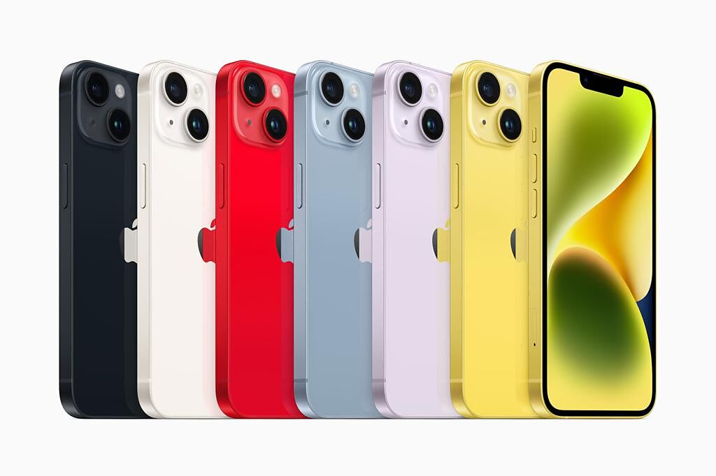 蘋果iPhone 14 和 iPhone 14 Plus 目前提供午夜色、星光色、(PRODUCT)RED9、藍色、紫色和即將上市的黃色，容量選擇包括 128GB、256GB 和 512GB，售價分別為2萬7900元起與3萬1900元起。（蘋果官網）