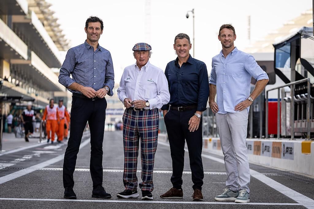 勞力士代言人馬克韋伯（左起）、傳奇車手傑奇史都華爵士、Tom Kristensen、Jenson Button在賽前合影。（ROLEX提供）
