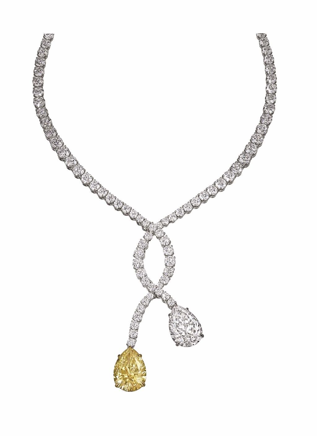 海瑞溫斯頓LARIAT黃鑽項鍊以交叉垂墜設計，主石為10.88克拉的水滴形黃鑽。（Harry Winston）