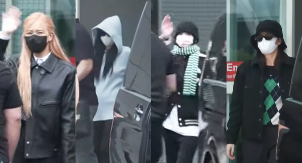 Rosé（左起）、Jennie、Lisa、Jisoo稍早抵達小港機場。（圖／翻攝自中天電視 Youtube）