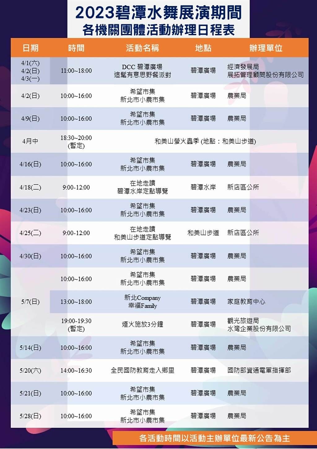 2023碧潭水舞展演期間各機關團體活動辦理日程表。（新北市觀旅局提供）