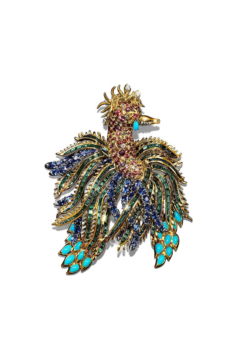 Tiffany & Co. Schlumberger鳳凰造型胸針，鉑金與18K金鑲嵌藍碧璽、綠碧璽、綠松石、多彩藍寶石及鑽石。（ Tiffany提供）