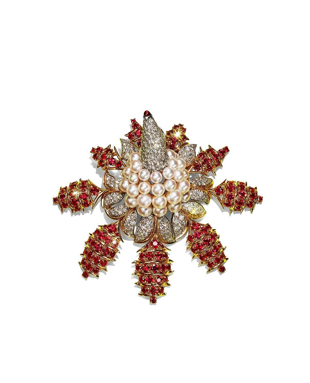 Tiffany & Co. Schlumberger Exotique鉑金與18K金鑲嵌珍珠、紅寶石與鑽石胸針。（ Tiffany提供）