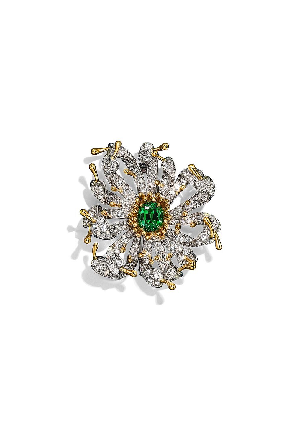 Tiffany & Co. Schlumberger Dahlia鉑金與18K金鑲嵌沙弗萊石與鑽石胸針。（Tiffany提供）